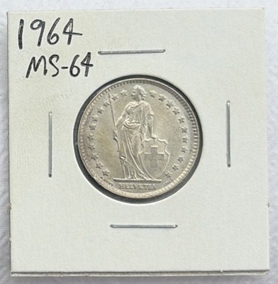 1964 Switzerland 1 Franc .835 Silver. In Brilliant Condition. Beautiful Coin.