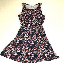 French Grey Floral Dress Women Medium Navy Blue Sleeveless Skater Summer Casual