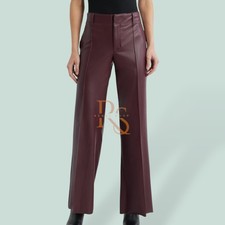 Women s Genuine Lambskin Leather Pants Burgundy High Waist Straight Leg Trousers