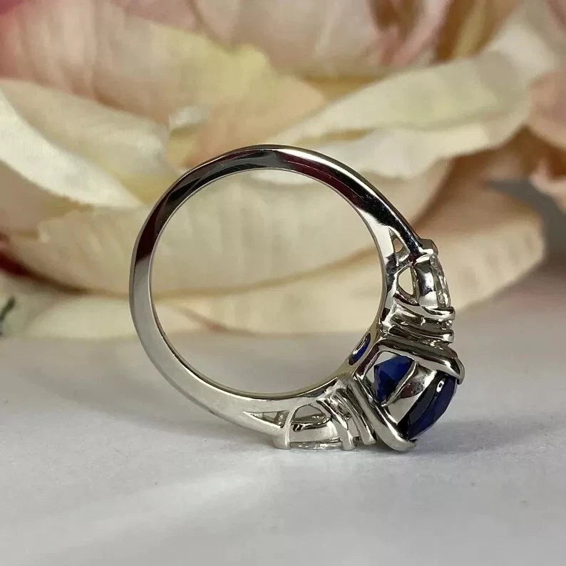Anel de aniversário de diamante safira azul natural 4,50 quilates ouro branco 14K tamanho 6,5 - Imagem 4 de 4