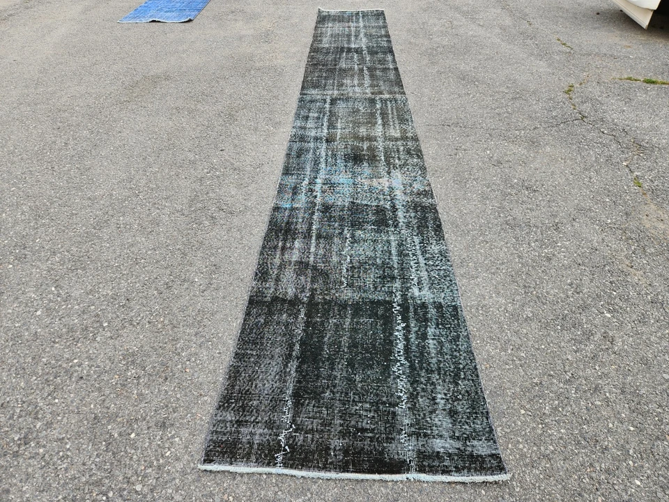 Alfombra de corredor de pasillo turca hecha a mano vintage extra larga negra 3x20, 36"x245" Foto 3 de 4