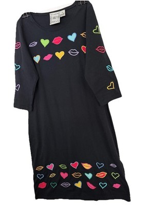 Michael Simon Lite 100% Cotton Dress Black Embroidered Hearts Kiss Lips Love M