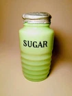 Jeanette Sugar Shaker Uranium Milk Glass Beehive Ribbed Jadeite 4.5in W/Lid
