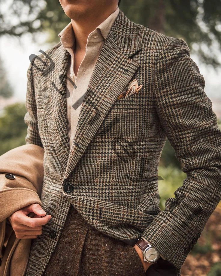 Trajes de pata de gallo para hombre vintage calce clásico boda novio esmoquin retro dos piezas Foto 2 de 4