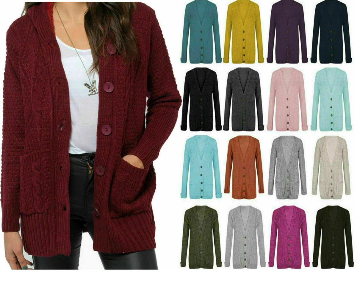 Womens Ladies Chunky Cable Knitted Cardigan Long Sleeves Jumper Cardigan Top