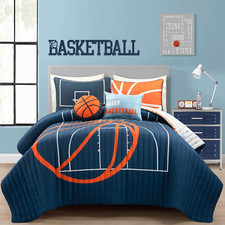 Basketball Game Reversible Quilt Set, 5 Piece Set, Full/ Queen, Navy - Soft Teen