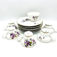 MCM Japanese Tea Cup and Scalloped Edge Serving Plates (Set of Six) Violet Gilt