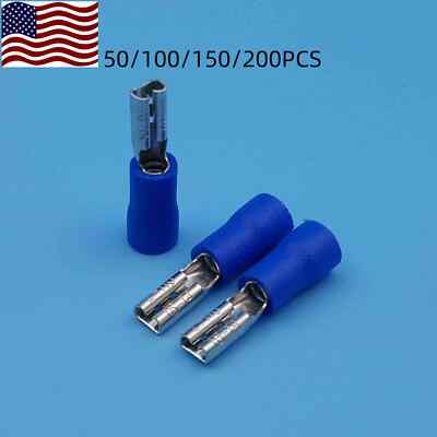 50/200PCS 16-14 Gauge Female Quick Disconnect Blue Vinyl Crimp Terminals .110''