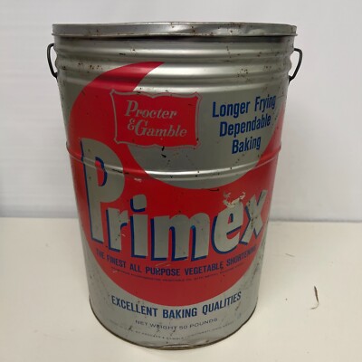 Primex Steel Tin Procter and Gamble Frying Shortening Empty Large Can 17''h x 12''