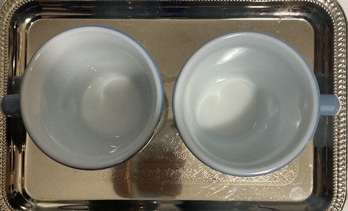 Vintage Pyrex Corning Slate Country Blue White Milk Glass Coffee Mug Set of Two - Picture 3 of 7