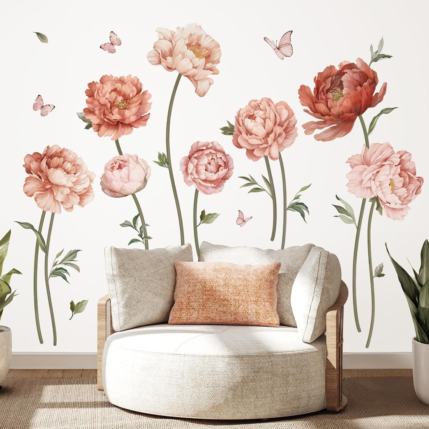Pink Peony Rose Flower Wall Stickers Boho Floral Peel and Stick Wall Art Decals