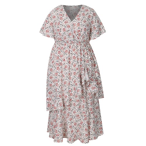 Plus Size Boho Women V-Neck Ruffle Floral Short Sleeve Midi Dress Party Dresses - Zdjęcie 15 z 22