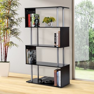 4-Tires Wooden Bookcase S Shape Storage Display Unit Home Décor Furniture