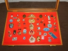 VINTAGE LOT 43 OF RUSSIAN MILITARY PLUS MEDALS PINS in WOOD BOX