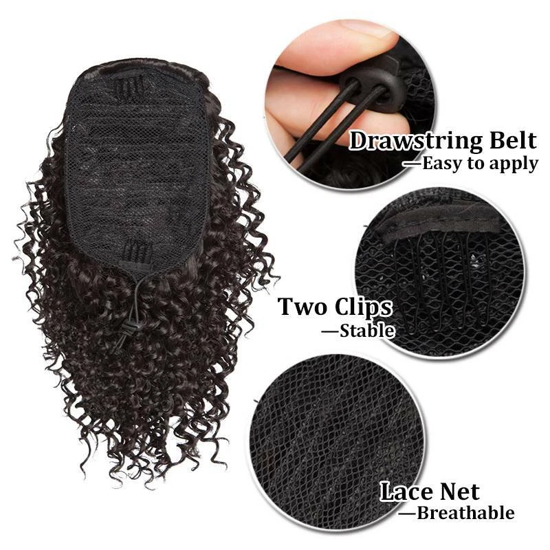 Large Kinky Curly Drawstring Ponytail One Piece Clip In Hair Extension for Human - Image 3 of 4