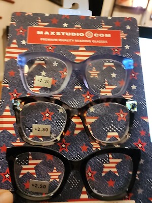 Max Studio Premium 3 Pair CAT'S EYE'S Reading Glasses BLUE, BLACK, TORTOISE NEW