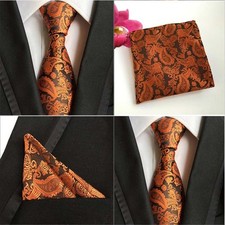Men Paisley Floral Black Orange Necktie Pocket Square Handkerchief Set Lot HZ063