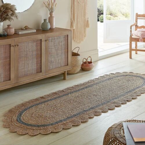 Jute Rug Oval Area Rug with Scallops in Rustic look Floor Mat-Beige + Blue - Picture 1 of 7