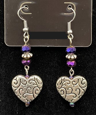 Handmade Metal Heart & Purple Oil Slick Crystal Bead Earrings by Neanie-Bot