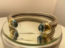David Yurman 10mm Double Cable Capri Bracelet With Blue Topaz& 14K Gold Caps