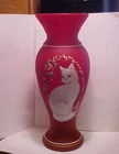 2016 Red Fenton Art Glass 11" CC Hardman OOAK HP White Kitty Cat & Roses Vase