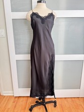 Black Satin Lace Trim Camisole Midi Dress Slipdress Strappy Feminine Lingerie S