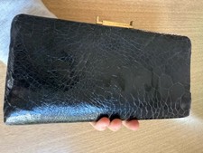 VTG Black Shiny Faux Leather Crocodile Clutch Long Push Snap