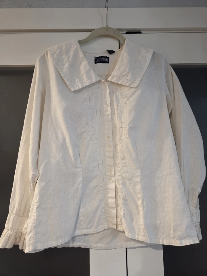 Blusa De Colección Lands End Lino/Algodón Cuello Ancho Encaje Cottagecore Pradera M/L Foto 2 de 4