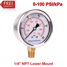 MEASUREMAN 2-1/2 inch Dial Size, Glycerin Filled Pressure Gauge, 0-100PSI/kPa