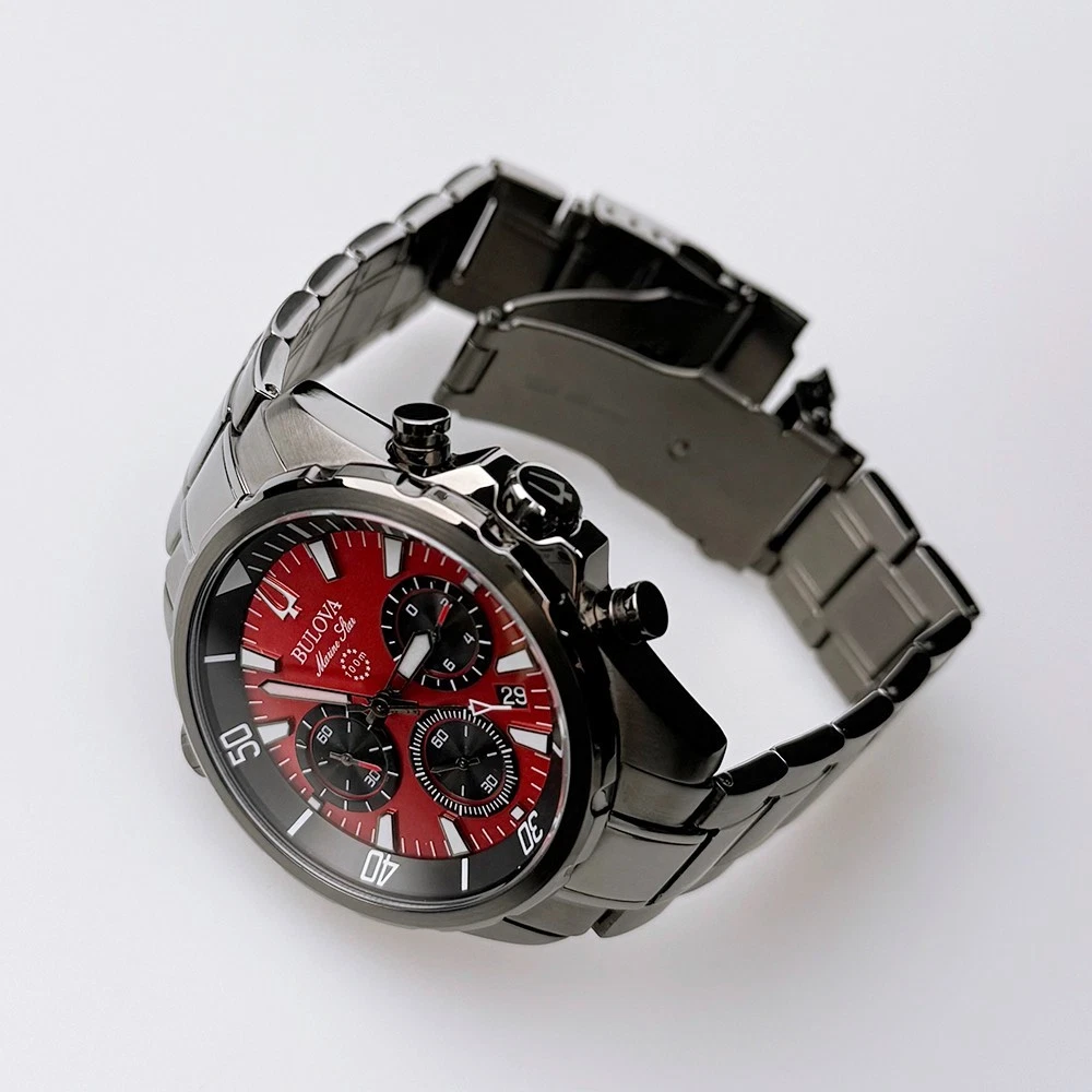 Bulova Men’s Chronograph Marine Star 43mm Red Dial Stainless Quartz Watch 98B350 - product detail image 8