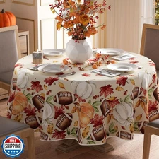 XCHI Fall Pumpkin Football Maple Leaves Tablecloth Round Washable Table Cover