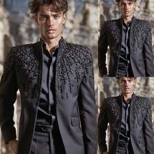 Prom Dinner Men's Suits Beading Glitter Sparkly Coat Black Sequined Jacket 2Pcs