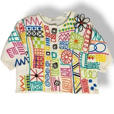 Rare Vintage 3D Abstract Whimsical Michael Simon Embroidered Cardigan Sweater OS