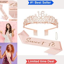 Sweet 16 Birthday Tiara Crown Sash Set Rhinestone Silver Glitter Gold Party