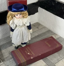 Vintage Alberon Porcelain Doll Blue Felt Outfit Hat Box Large 16" Tall Mint VGC