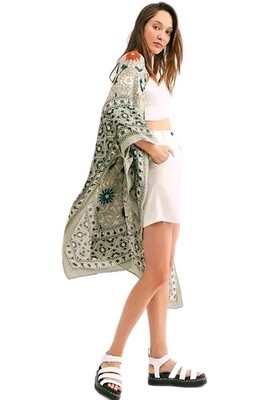 Free People Magic Dance Kimono Moon Dance Border Shawl Green Womens OS NEW #C6