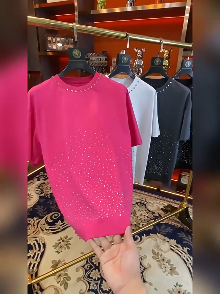 Fashion Trend Rivet Rhinestones Diamonds Summer Short Sleeve