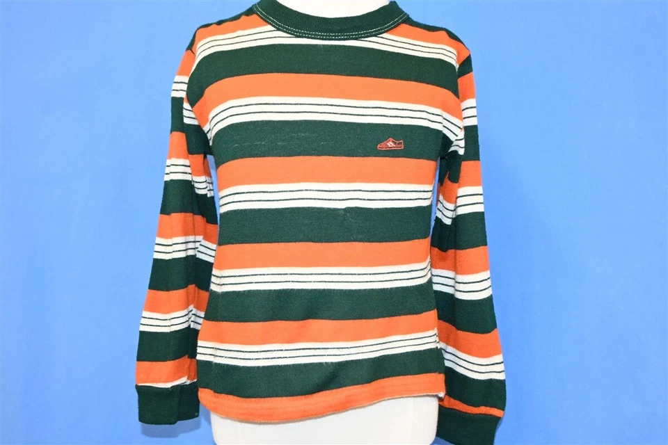 Camiseta de colección años 70 NARANJA VERDE MULTI RAYAS BORDADO LOGO LS JUVENTUD PEQUEÑA S Foto 2 de 4