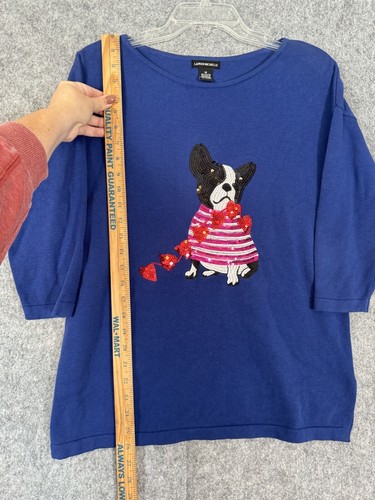 Lauren Michelle Sweater Womens Medium Plaid Sequin Dogs Holiday Love Blue Animal - Picture 6 of 13