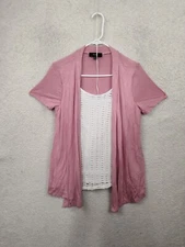 Naif Women Top Small Pink White Rayon Blend Short Sleeve Faux Blazer Blouse