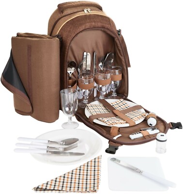 BRUBAKER Picknickrucksack 4 Personen mit Kühlfach und Picknickdecke Braun