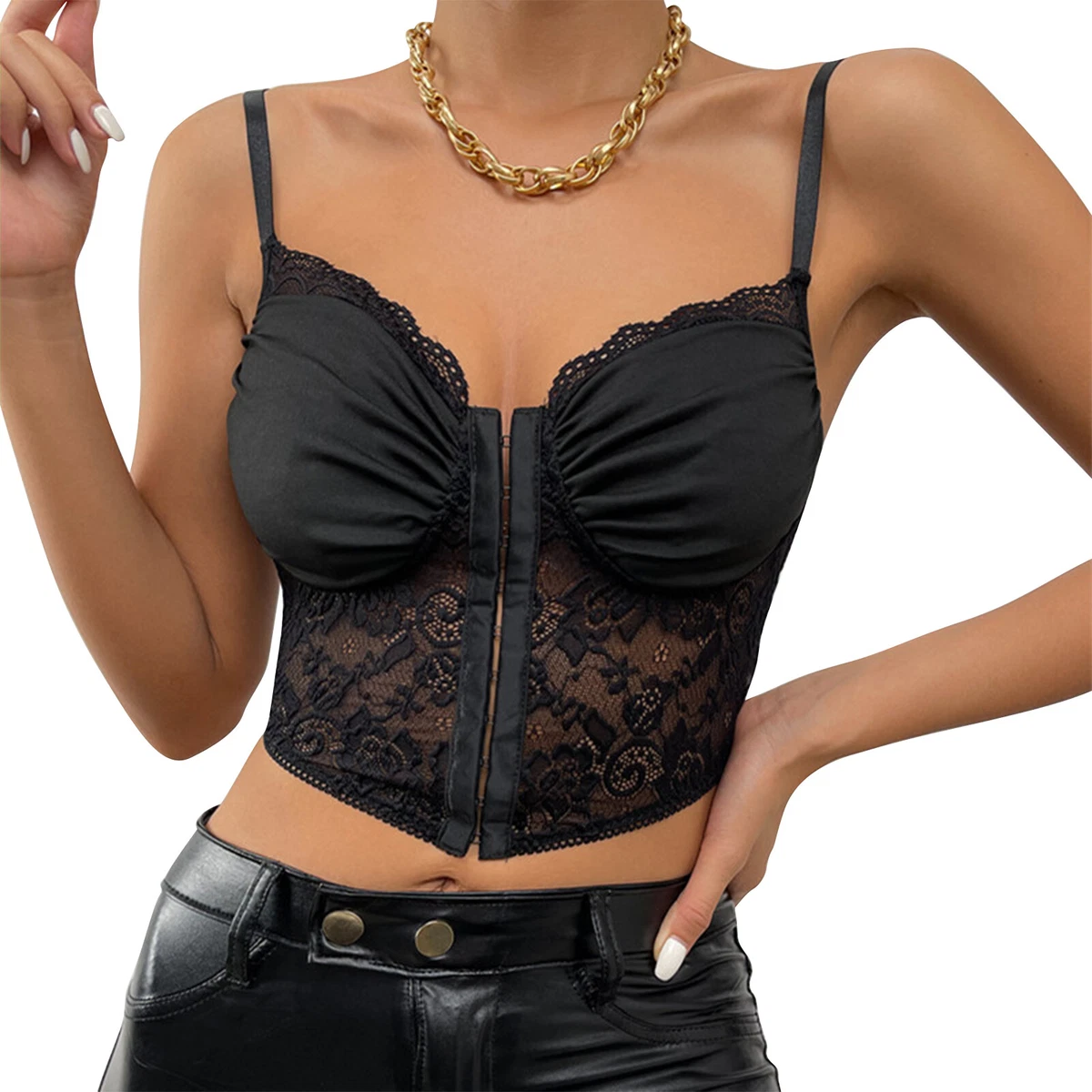 Ladies Black Lace Topswomen's Lace-up Corset Bralette - Deep V-neck Pushup  Tank Top