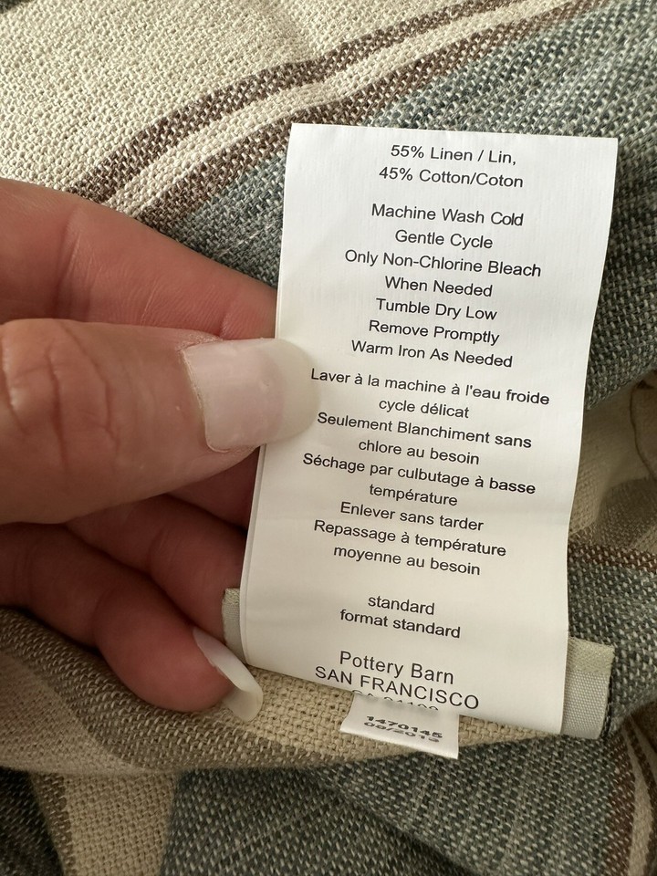 Pottery Barn King Duvet Beige Teal Blue Green Striped Linen Cotton 2