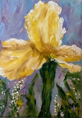 Yellow Iris Acrylic Original Painting 5 X 7