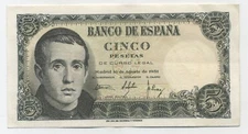 Spain España 5 Pesetas 16-8-1951 Pick 140.a VF+ Circulated Banknote Serial 1D