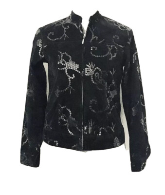 NWT Bamboo Traders Black Sequin Burnout Zip Up Jacket Petite Coat Size PP