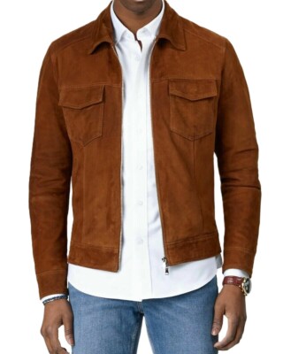 Men's Real Sheepskin Soft Suede Leather Brown Moto Biker Jacket Casual Wear Coat