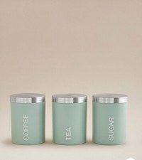 NEW SET 3 SAGE GREEN CANISTERS JAR TEA SUGAR COFFEE ROUND KITCHEN STORAGE.