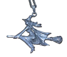 WITCH SILVER PEWTER PENDANT WITH 18 INCH CHAIN HALLOWEEN WICAN WITH ORGANZA BAG