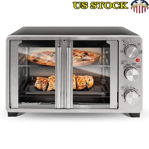 Double Door Toaster Oven Convection 1500 W Adjustable Timer Stainless Steel Hot